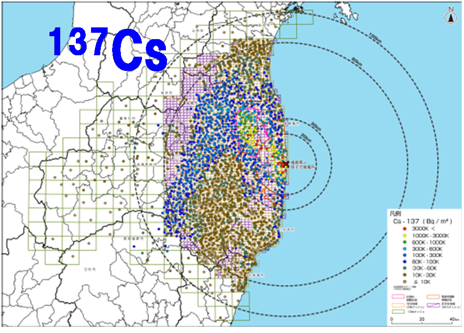 Maps of deposited radionuclides estimated by analyzing soil samples (June, 2011)