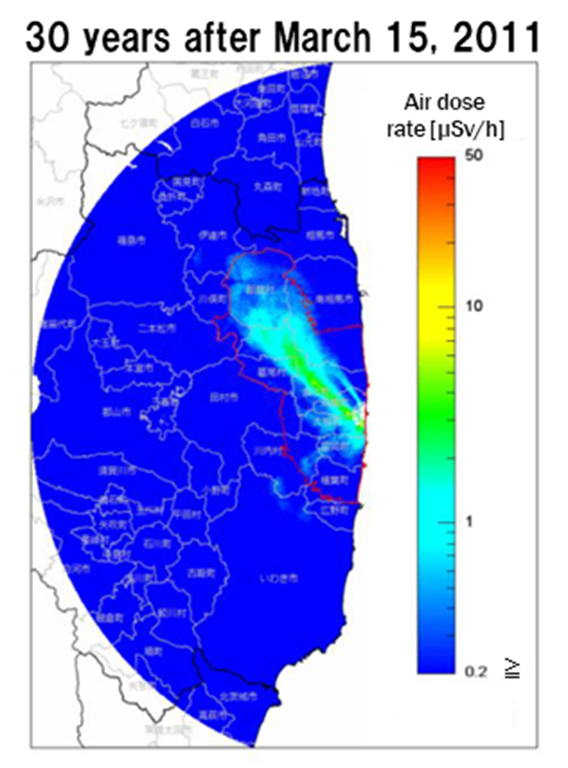 Map of predicted future air dose rates in the 80 km area surrounding the Fukushima Daiichi Nuclear Power Plant