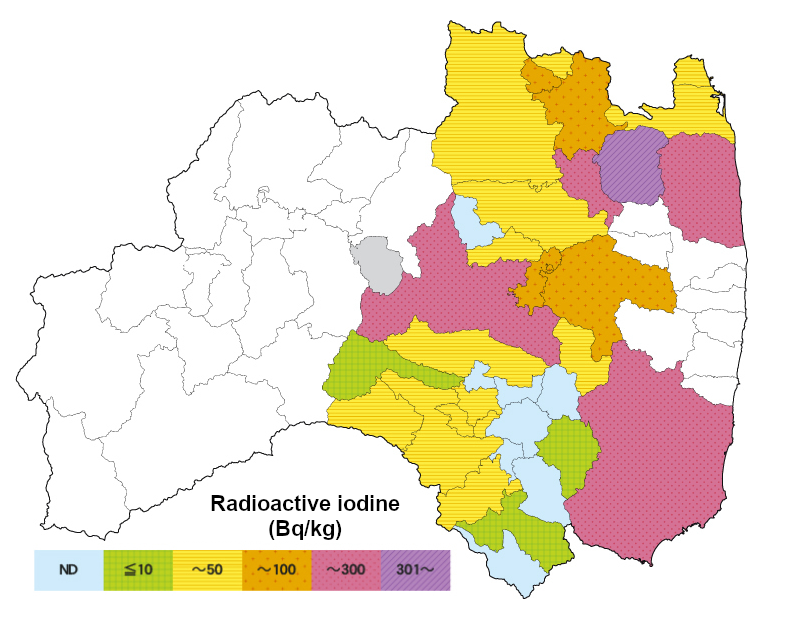 Distribution map of radioactive iodine (<sup>131</sup>I) just after the accident (March 21, 2011)
