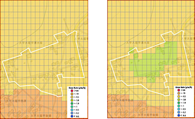 Example of analysis by RESET (Left: Dose rate distribution before decontamination; Right: Predicted dose rate distribution after decontamination)