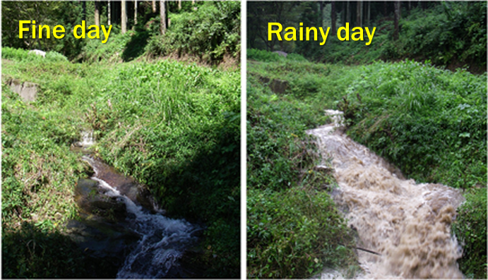 Outflowing soil in a mountain stream in forest