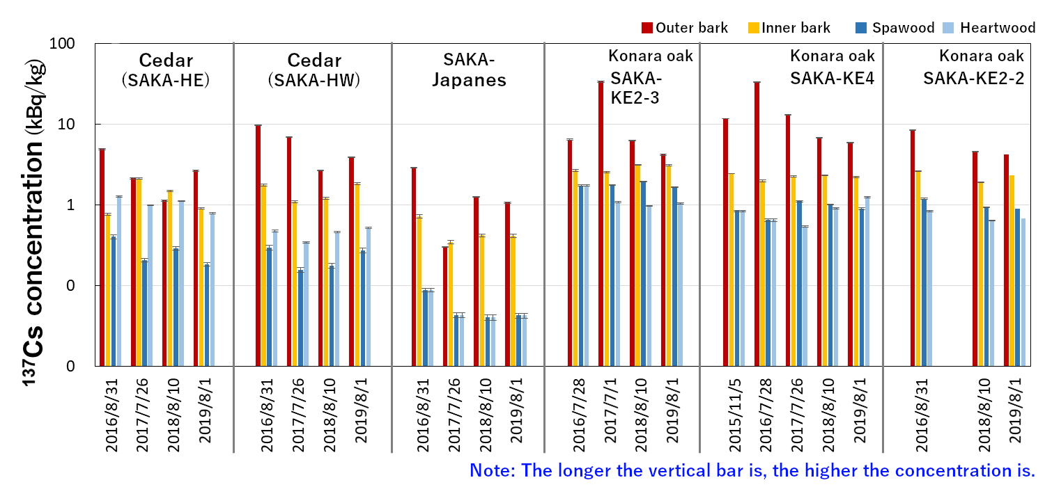 Changes in 137Cs concentration in bark and wood, by tree species (2015-2019)