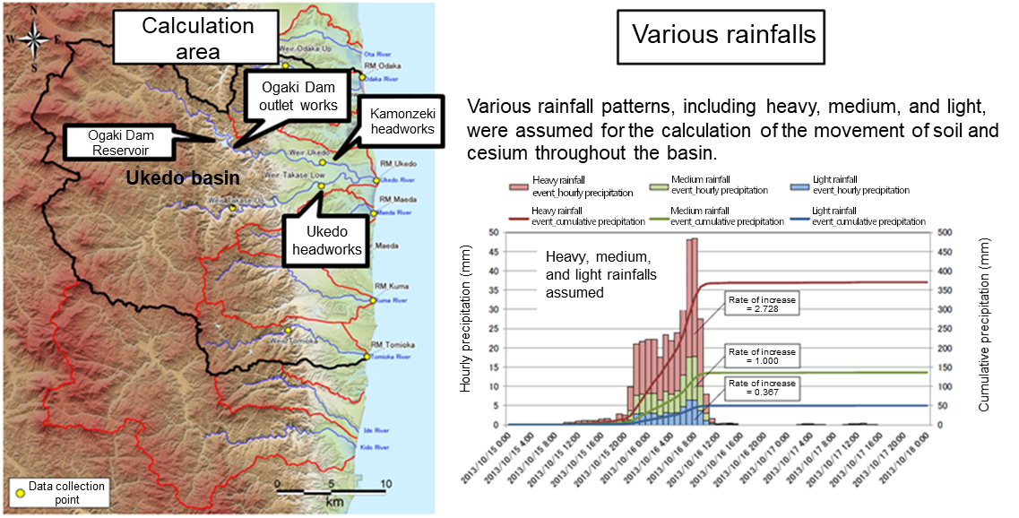 Calculation area and examples of rainfall patterns assumed for the calculation