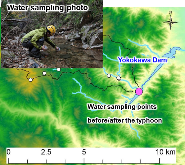 Water sampling points before/after the typhoon and a water sampling photo