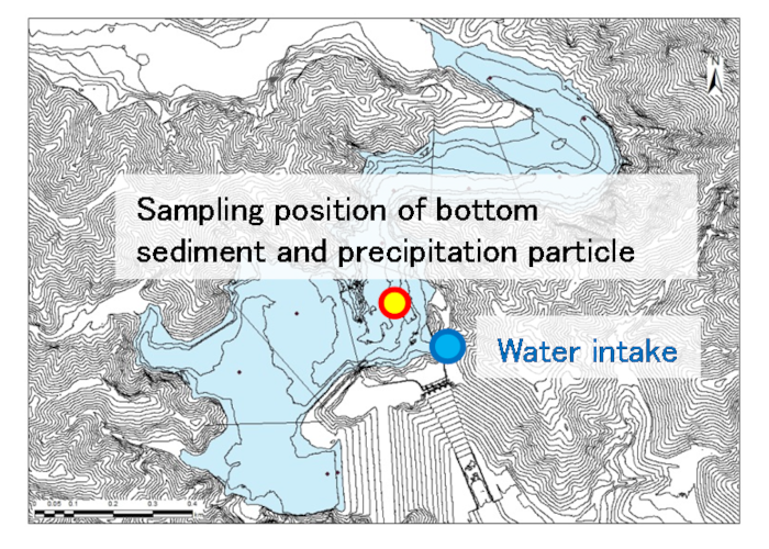 Map of Ogaki dam and sampling position of bottom sediment and precipitation particle