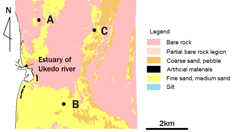 Estimated distribution of sediment species at the bottom of the Ukedo River estuary. Sampling spots are shown in the map.