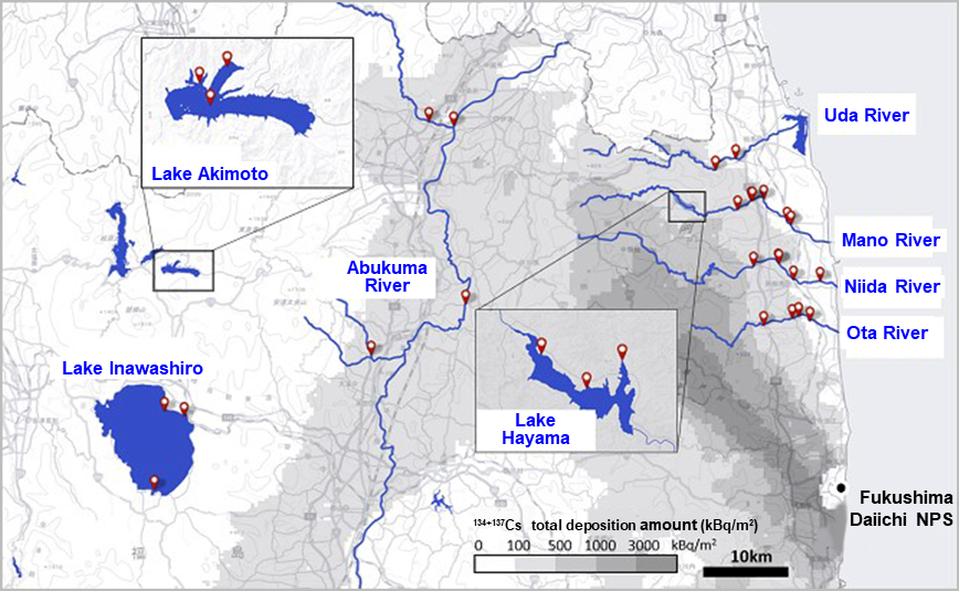 An image showing the sampling sites of the aquatic life monitoring conducted by the Ministry of the Environment in Fukushima Prefecture and used for the data analysis