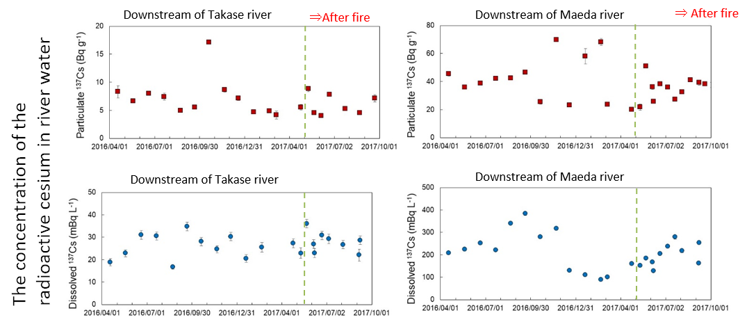 The concentration of radioactive cesium in river water before and after the forest fire