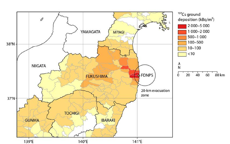 原子力放射線の影響に関する国連科学委員会の報告書(UNSCEAR 2013)で評価された市町村別のセシウム137沈着量