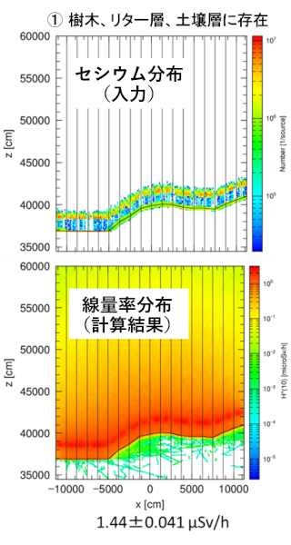 森林内のセシウム分布の時間変化を考慮したシミュレーション結果