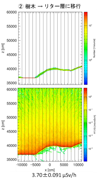 森林内のセシウム分布の時間変化を考慮したシミュレーション結果