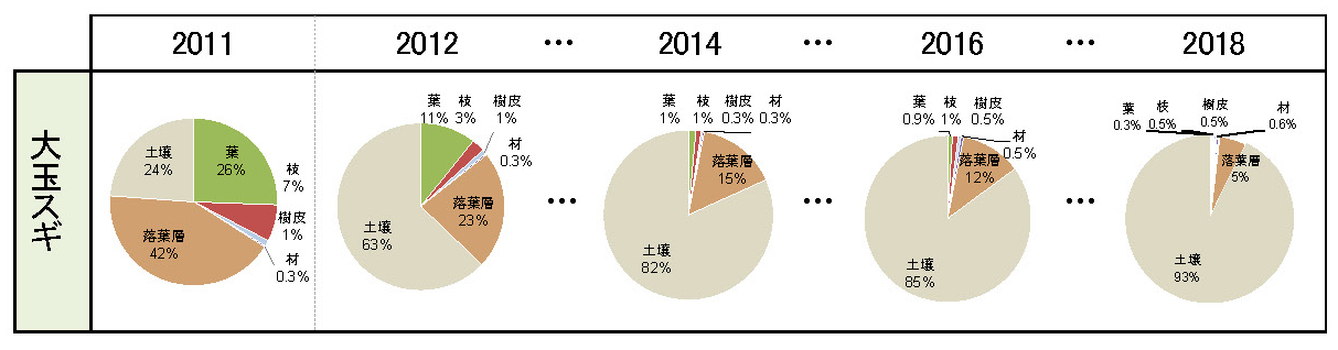 2011～2019 年における放射性セシウム蓄積量の部位別分布割合
