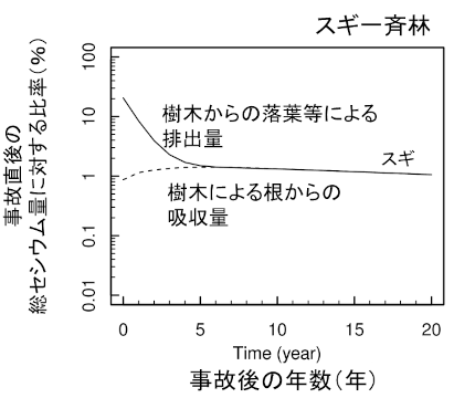 スギ一斉林におけるセシウムの移動量のシミュレーション推定結果