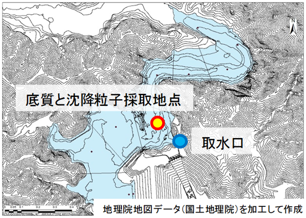 大柿ダムの形状および湖底堆積物採取地点の概略