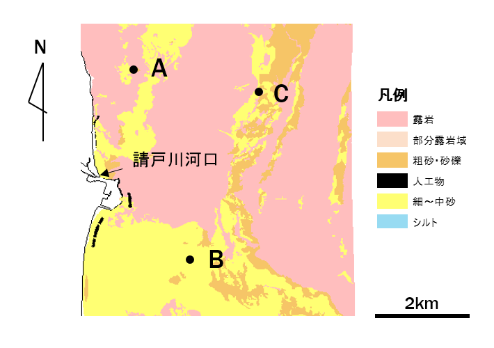 請戸川河口沿岸域の底質堆積物分布推定図と試料採取地点